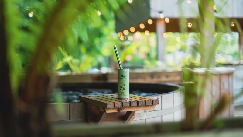Outdoor seating area at dusk with warm ambient lighting